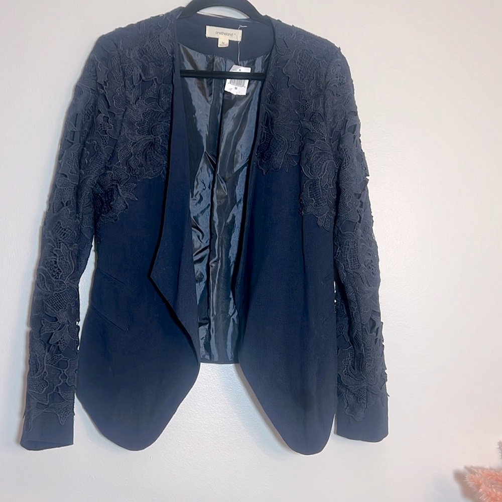 Boutique Navy Blue Floral Lace Suit Blazer Jacket Coat Medium